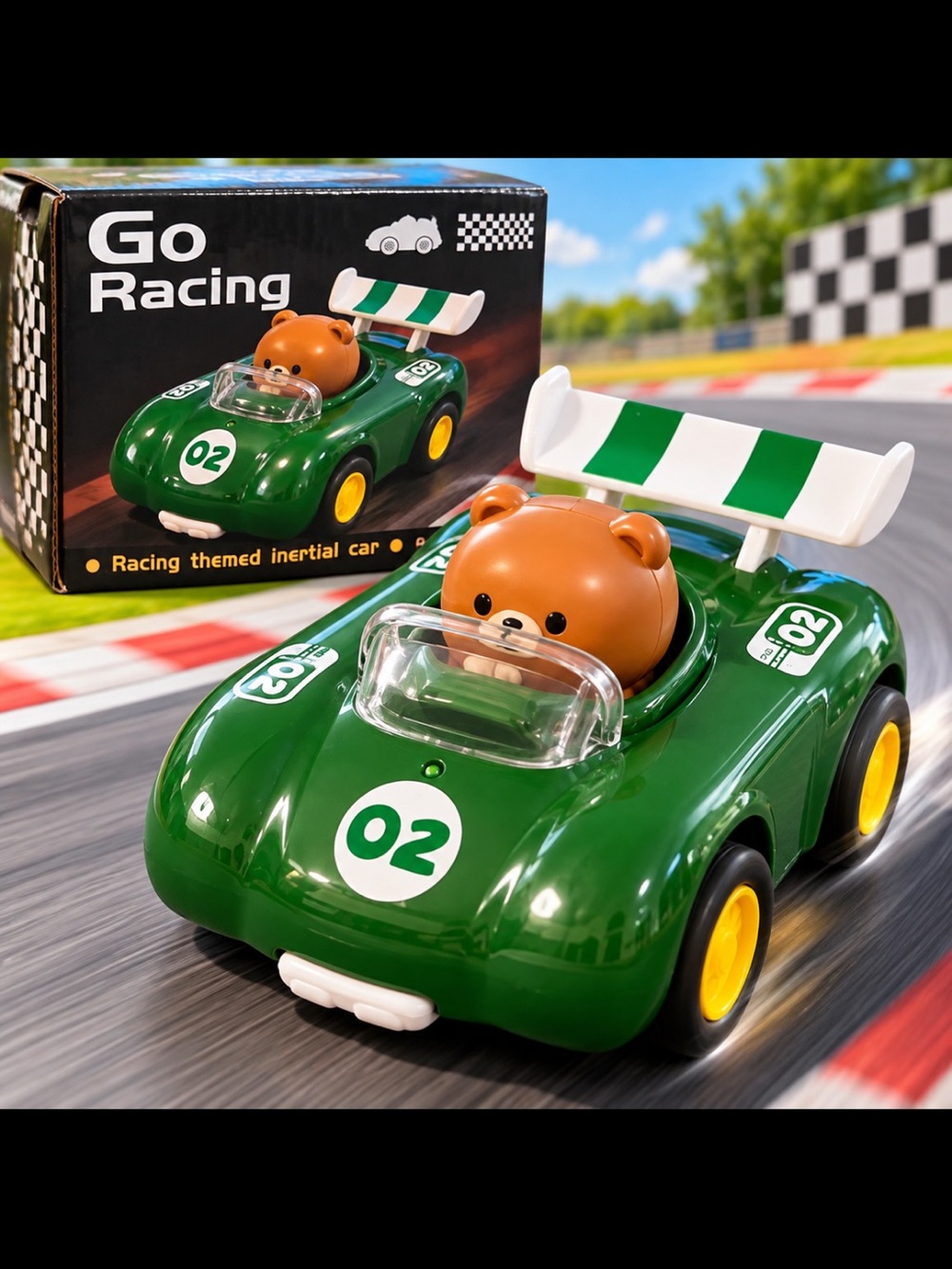 Green #02 Racing Car with Bear Driver – Inertia Toy Car
